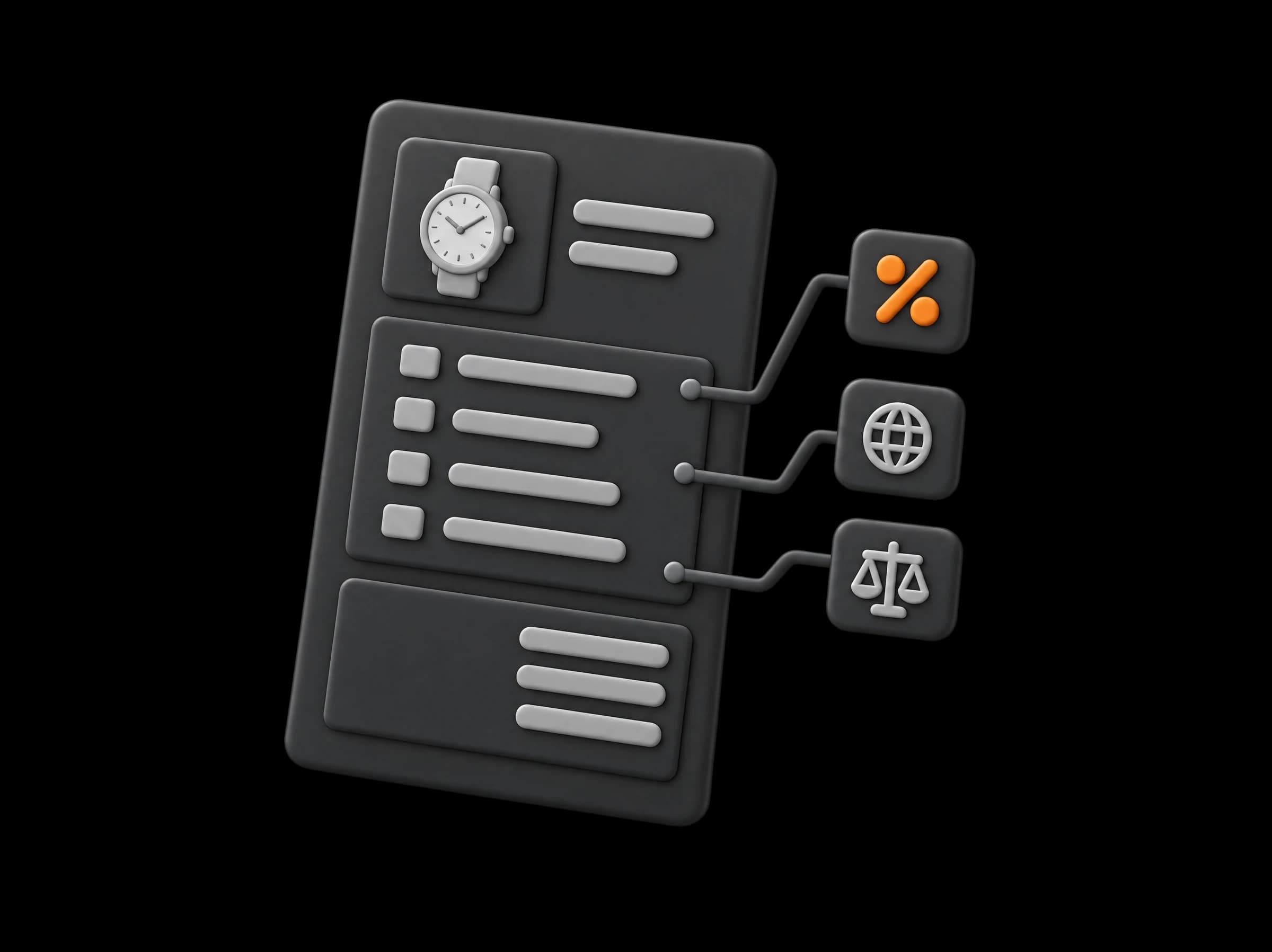 One upright invoice with a watch at the top, its rows joined to three tiles: percent in orange, a globe and a scale