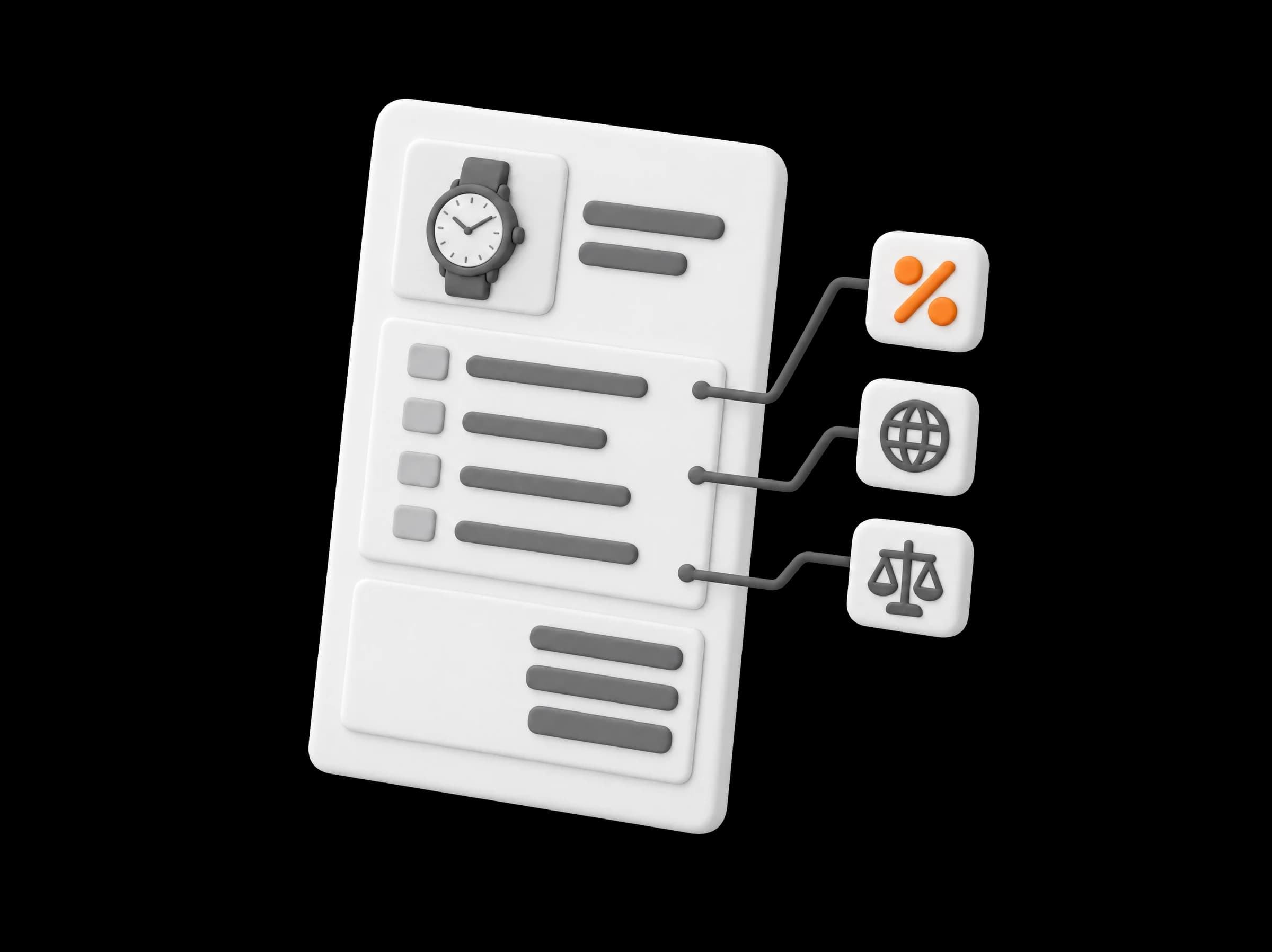 One upright invoice with a watch at the top, its rows joined to three tiles: percent in orange, a globe and a scale