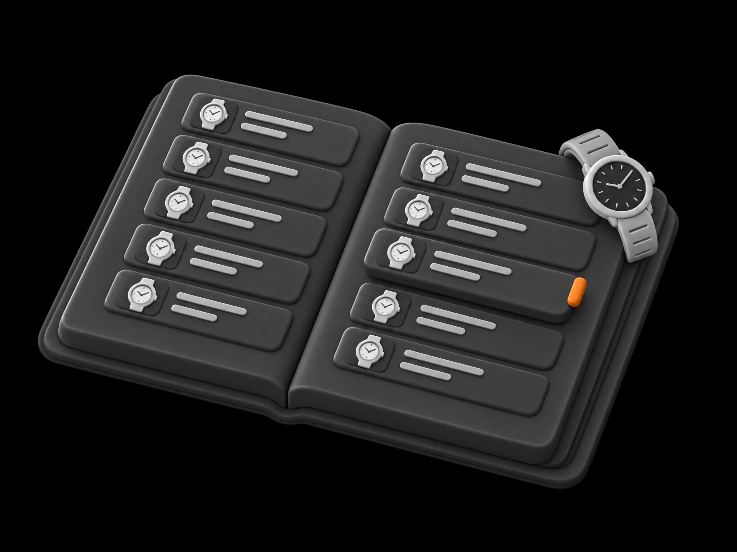 An open white ledger, one row per watch, one row lifted with an orange marker, a watch resting on the page