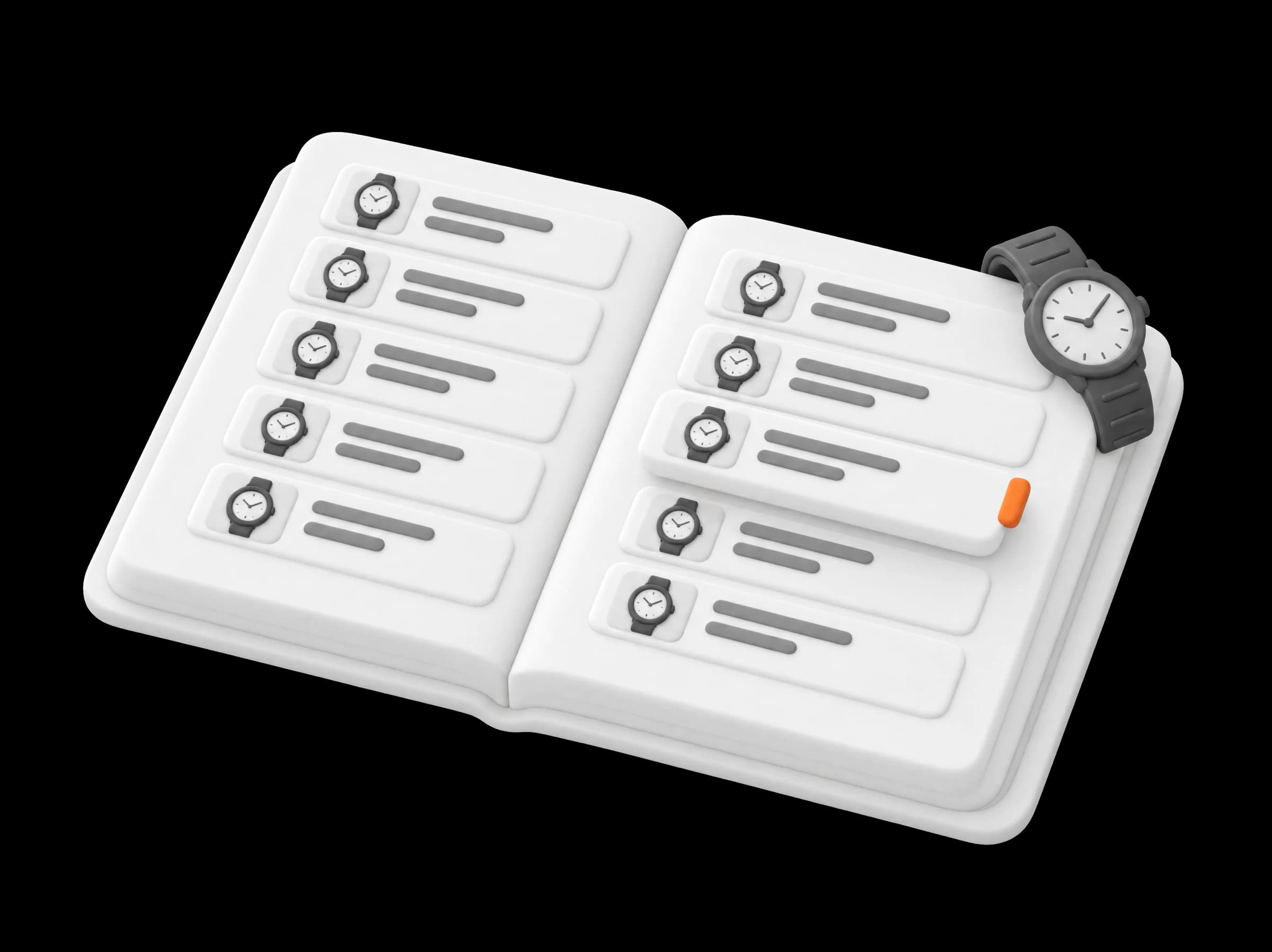 An open white ledger, one row per watch, one row lifted with an orange marker, a watch resting on the page