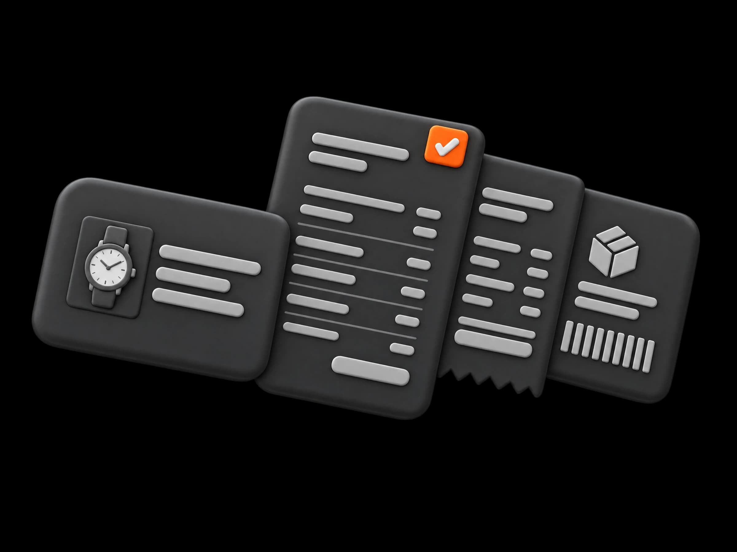 A sale card with a watch, and three documents fanning out of it: an invoice with an orange check, a receipt and a shipping label