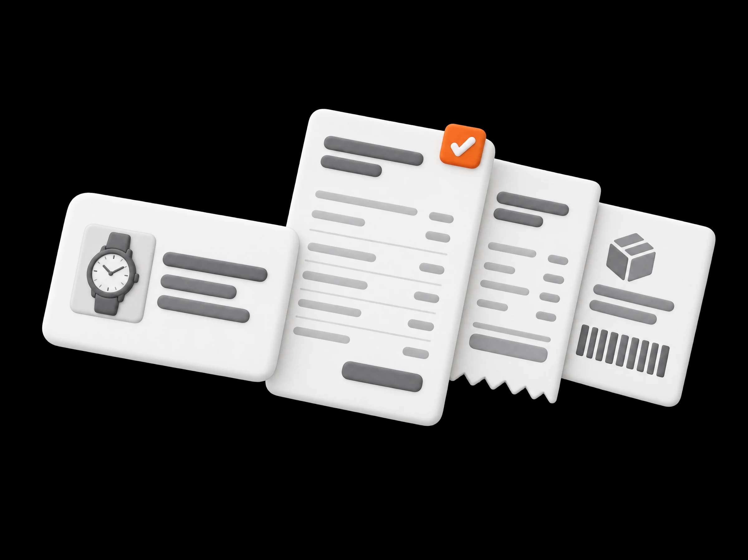 A sale card with a watch, and three documents fanning out of it: an invoice with an orange check, a receipt and a shipping label