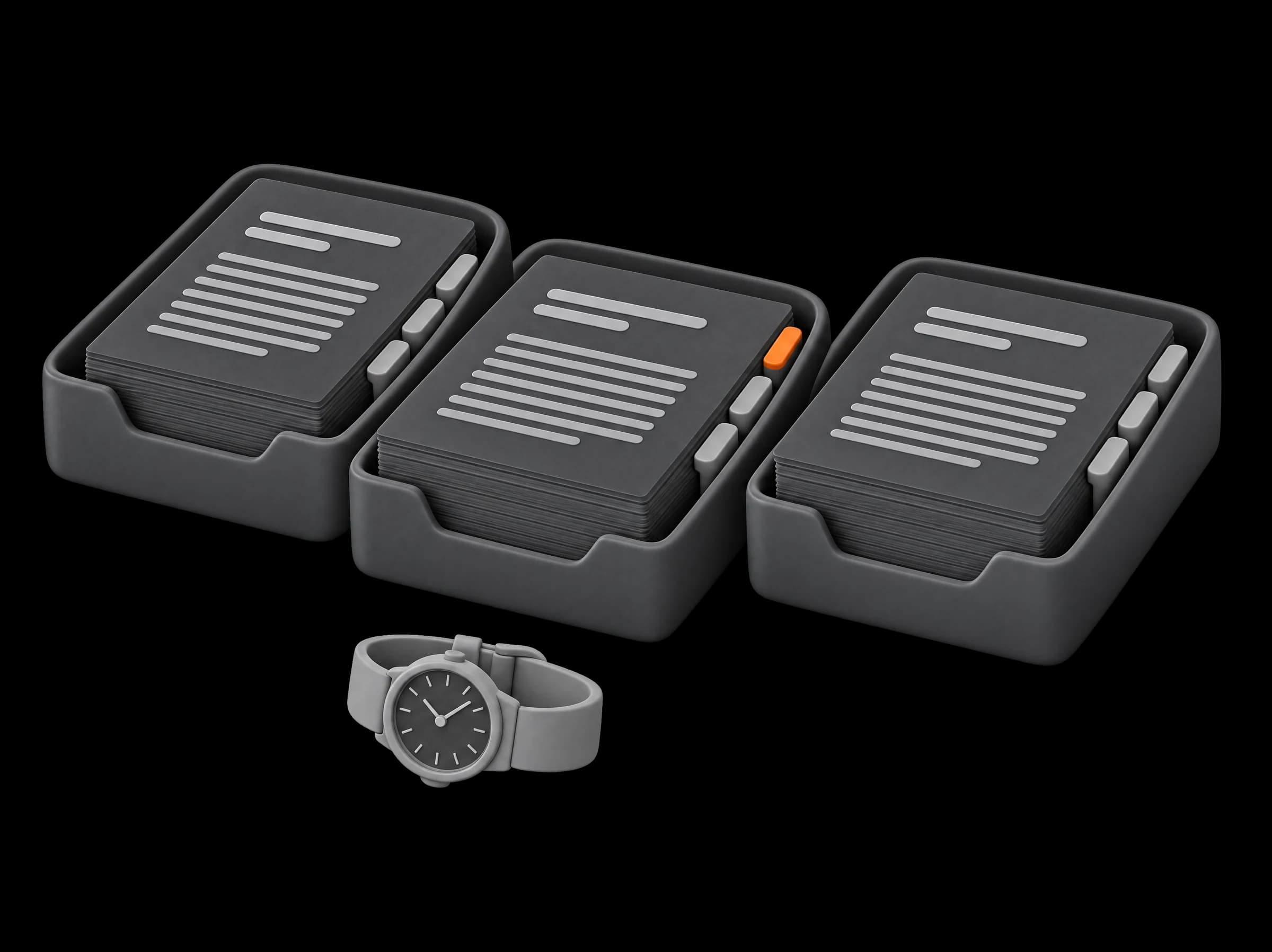 Three white trays of filed invoices, the middle one forward with an orange tab, a watch lying in front