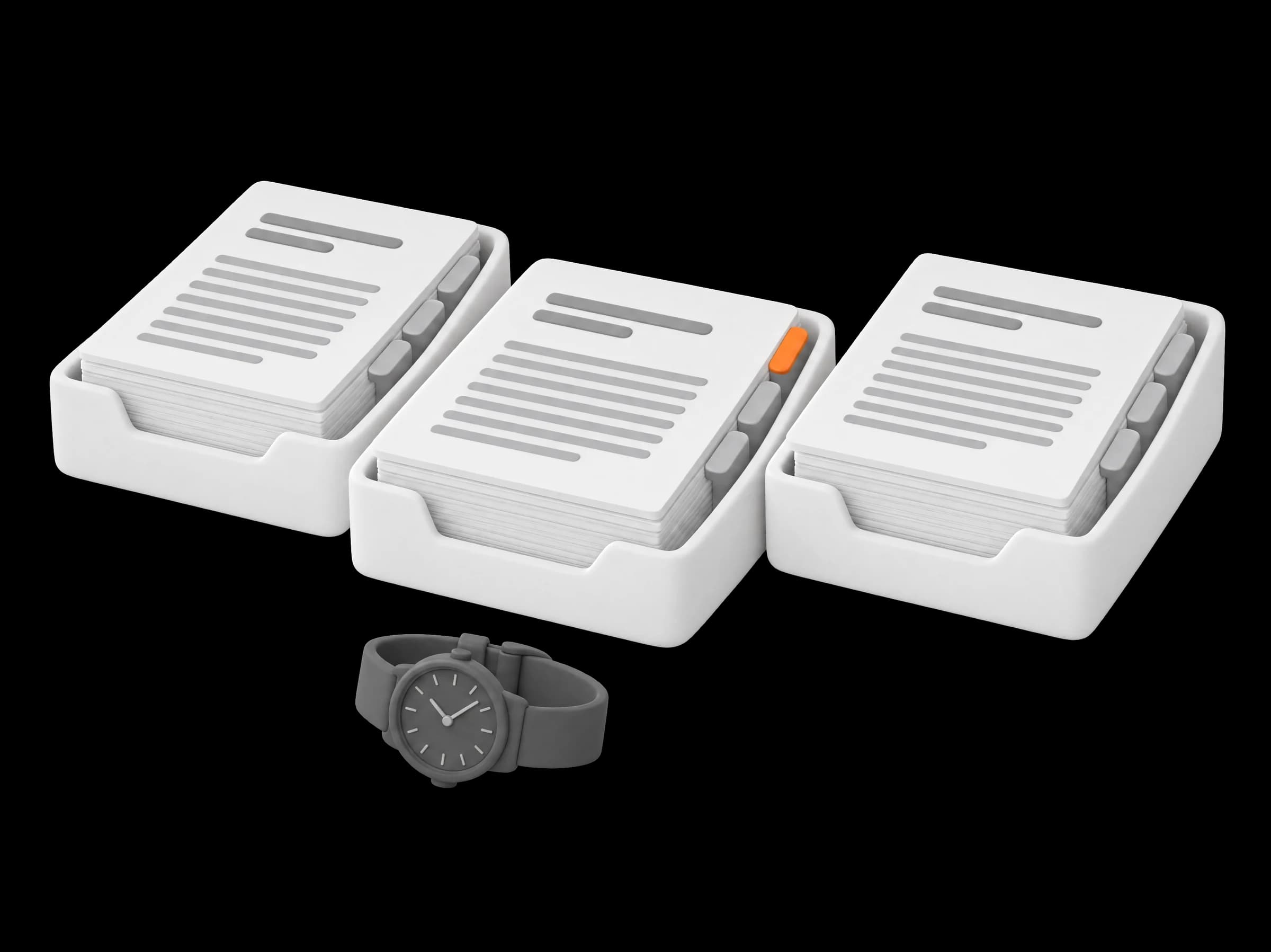 Three white trays of filed invoices, the middle one forward with an orange tab, a watch lying in front