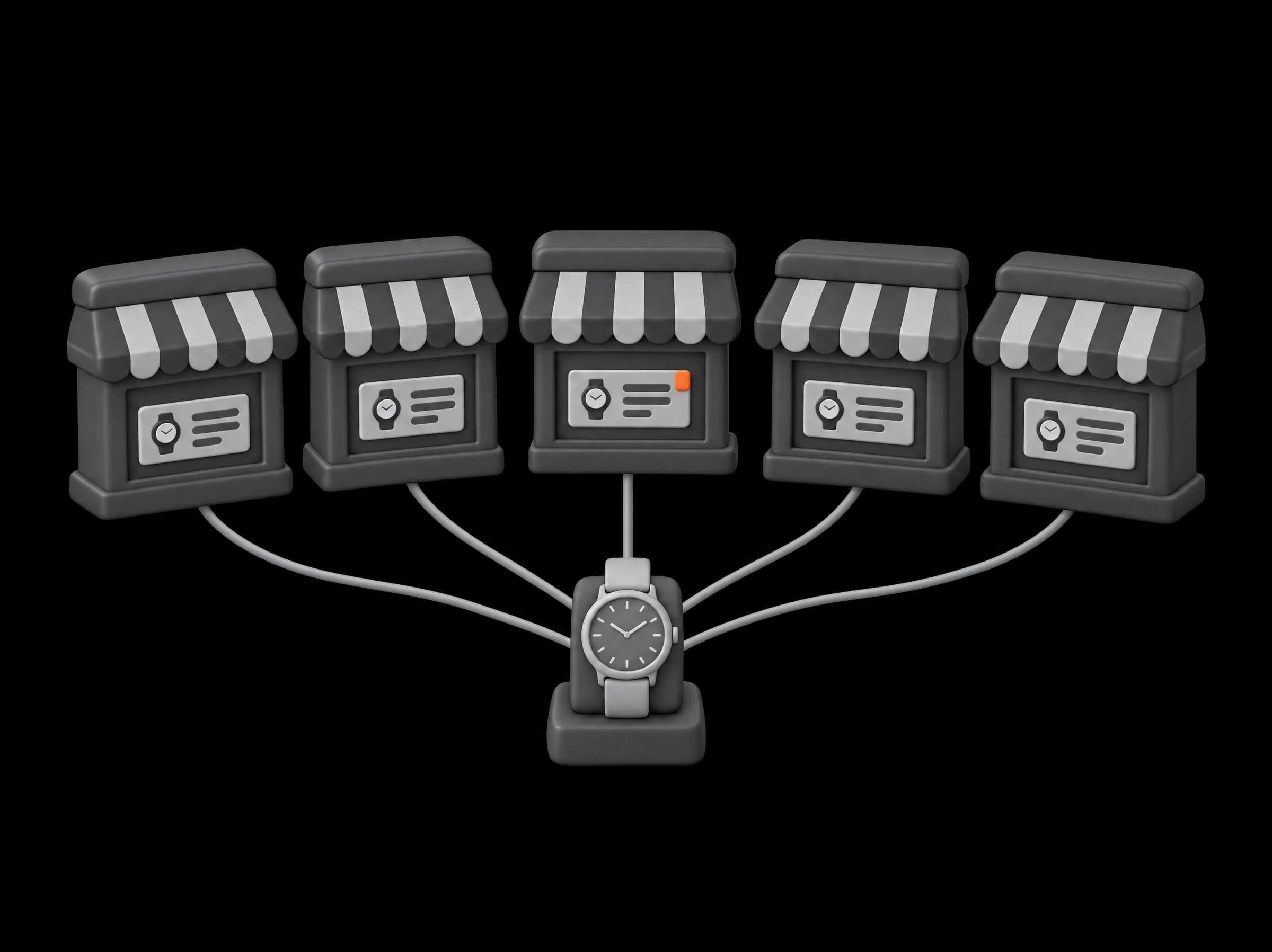 Five small white shops in a row, each showing a listing for the same watch, with cables running from one watch on a stand to every shop