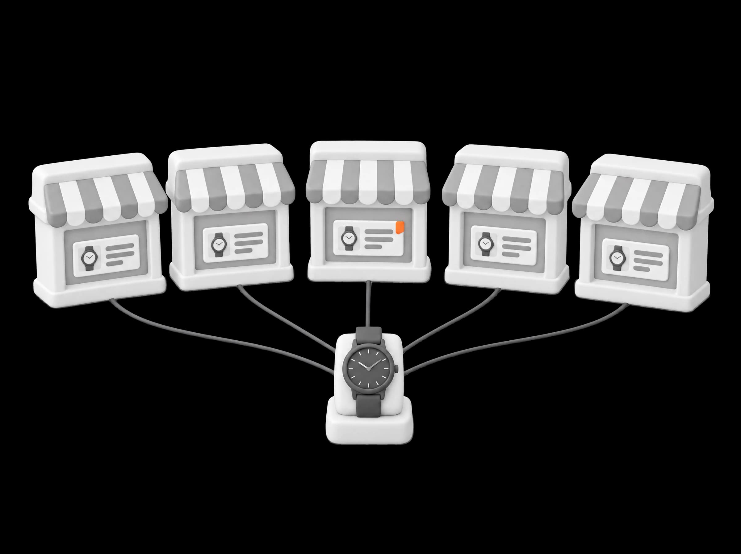 Five small white shops in a row, each showing a listing for the same watch, with cables running from one watch on a stand to every shop