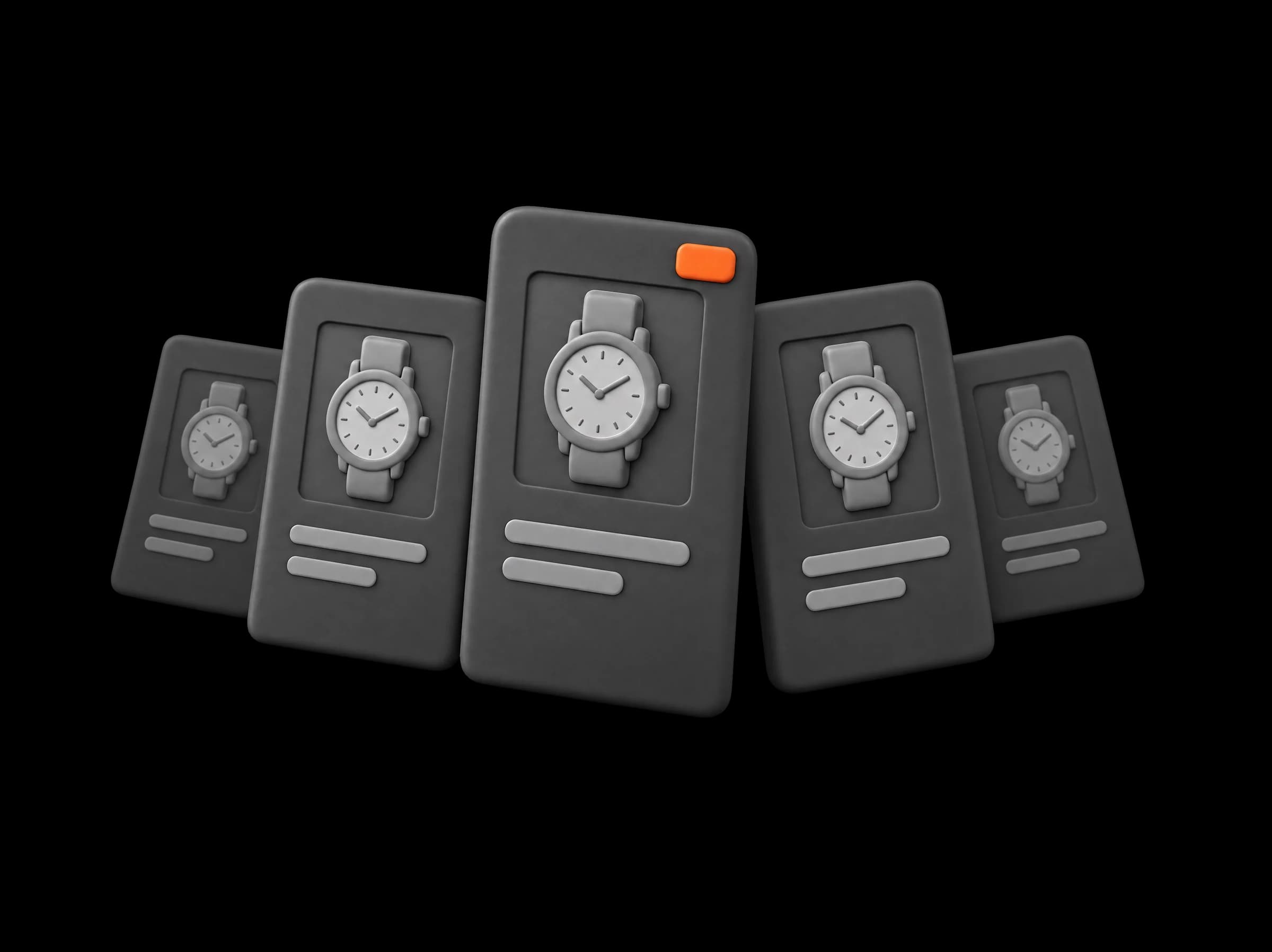 Five listing cards for one watch: the middle one in front with an orange tab, the others tilting back as they come down