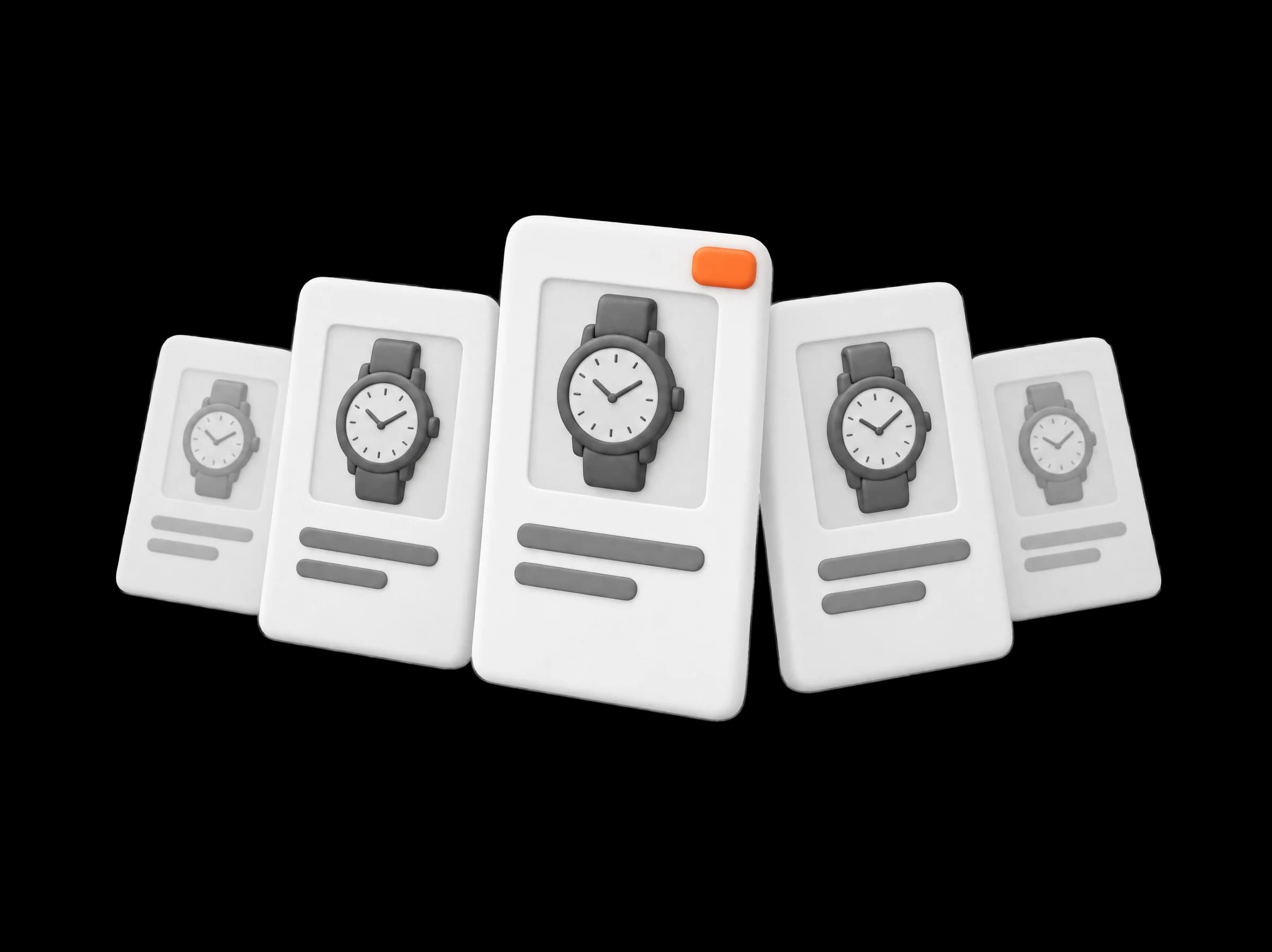 Five listing cards for one watch: the middle one in front with an orange tab, the others tilting back as they come down