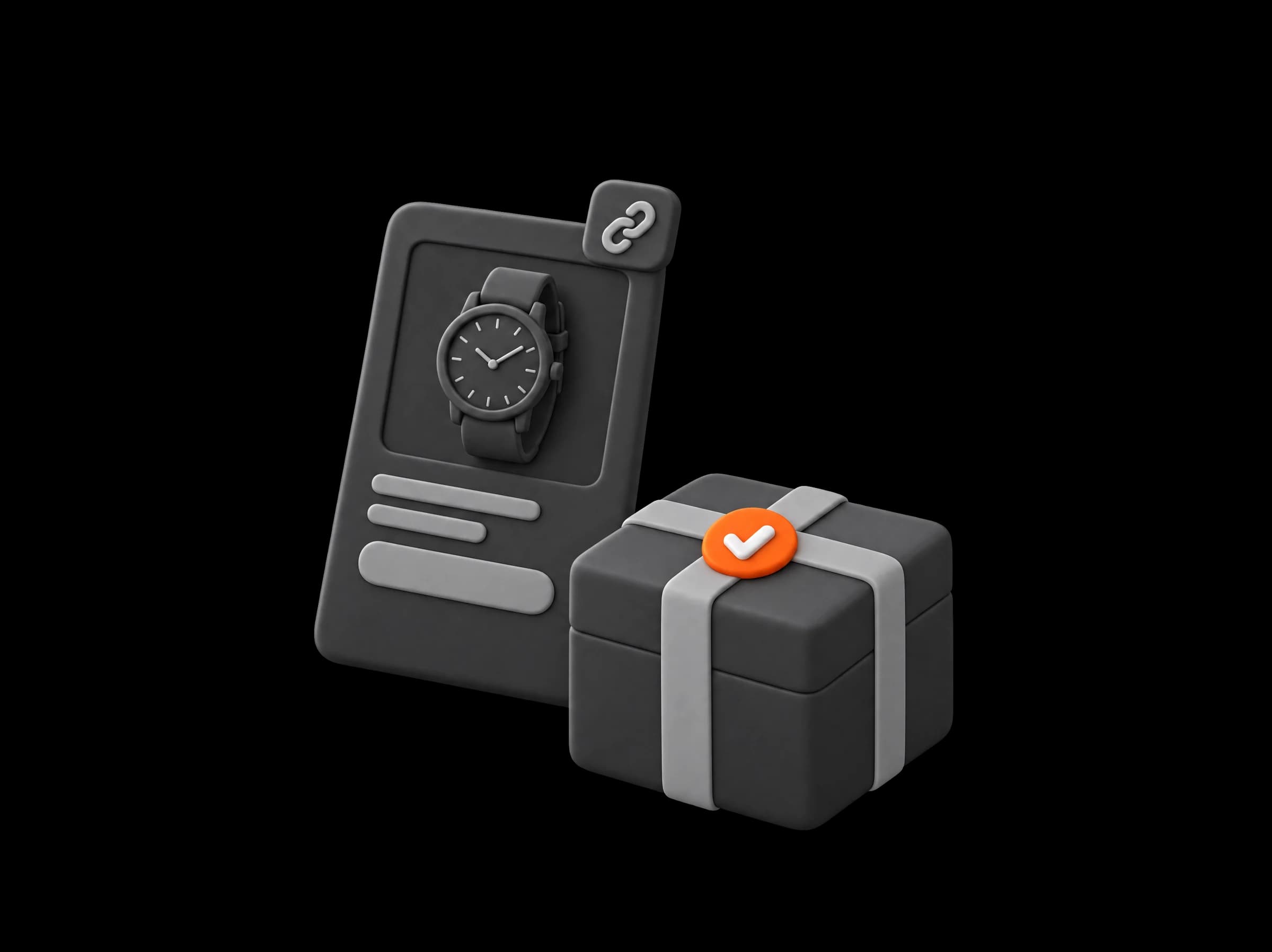 An offer card leaning behind a wrapped parcel with an orange check on its band
