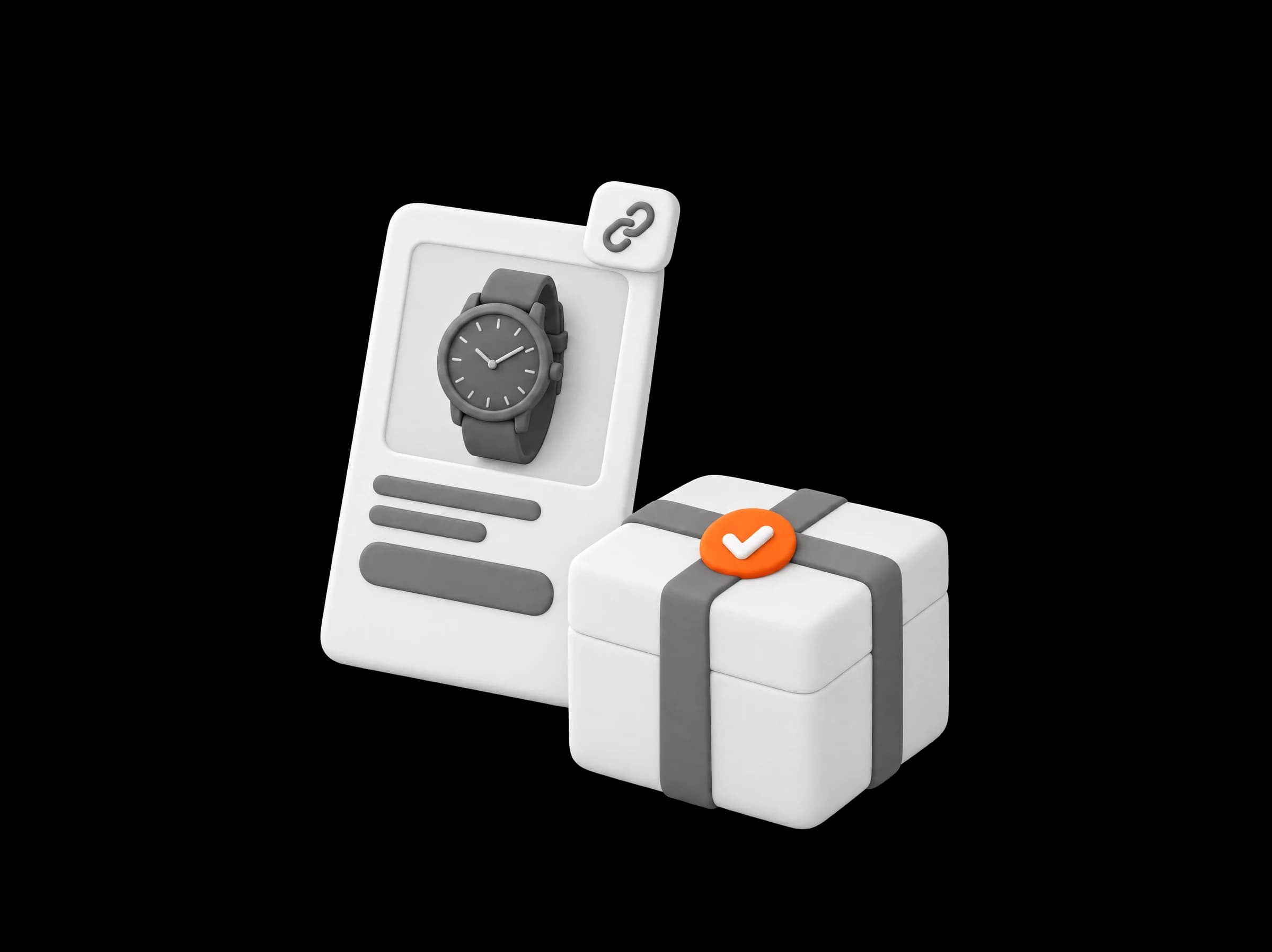 An offer card leaning behind a wrapped parcel with an orange check on its band