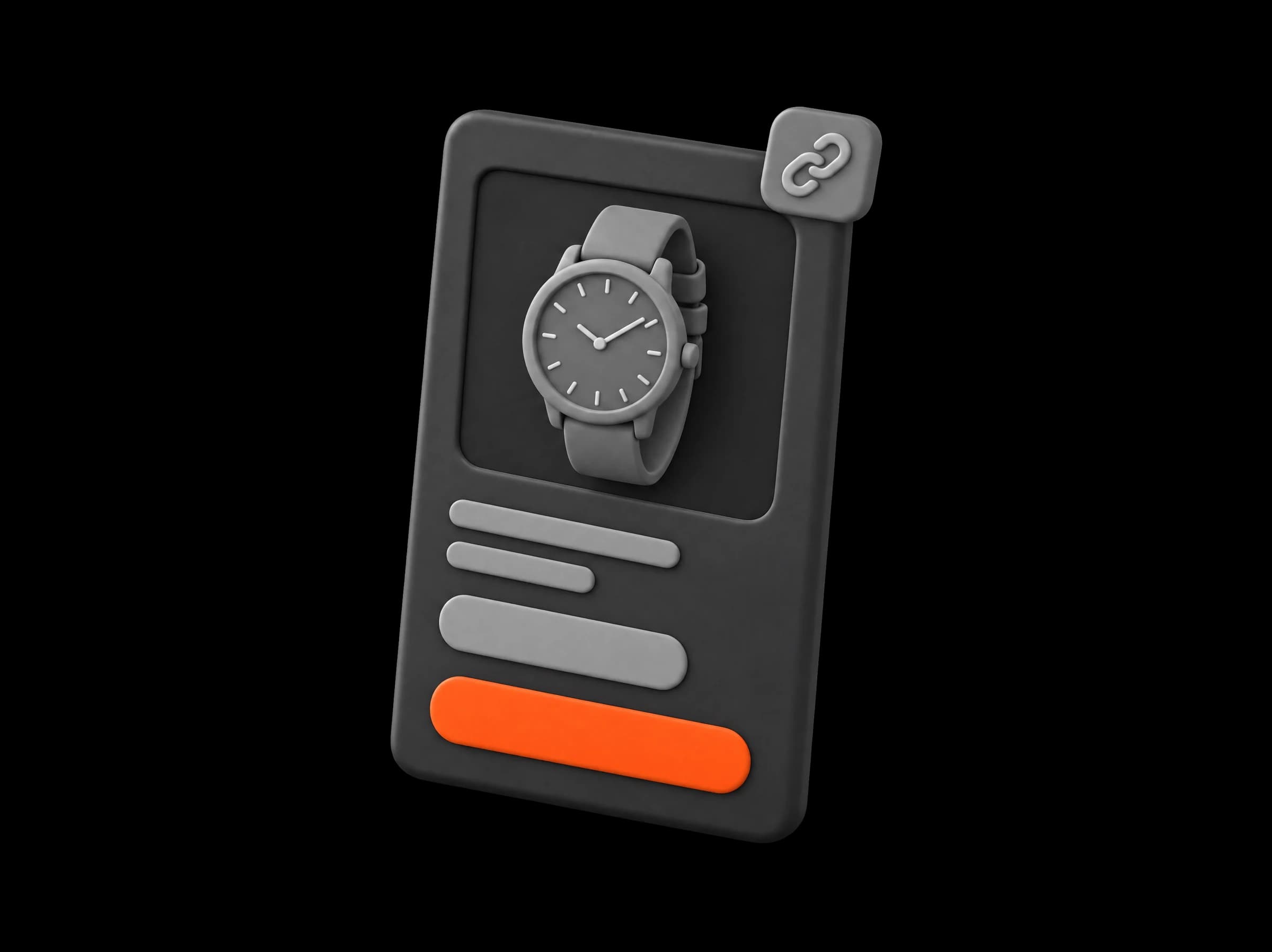One offer card with a watch, two text lines, a price bar and an orange accept bar, a small link chip on its corner