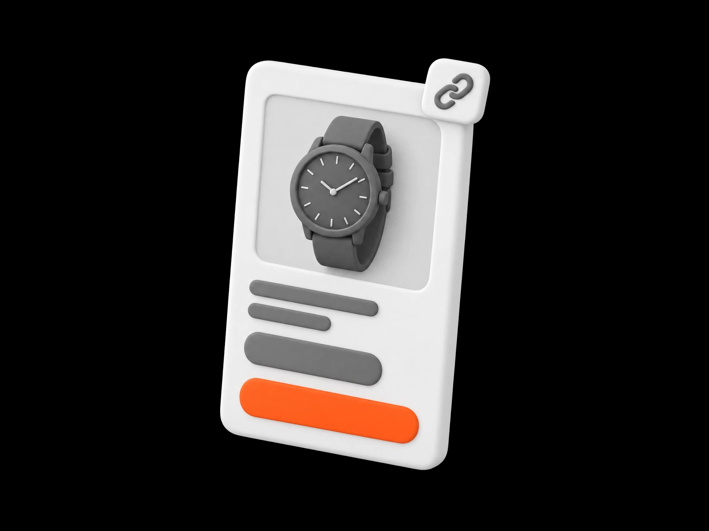 One offer card with a watch, two text lines, a price bar and an orange accept bar, a small link chip on its corner