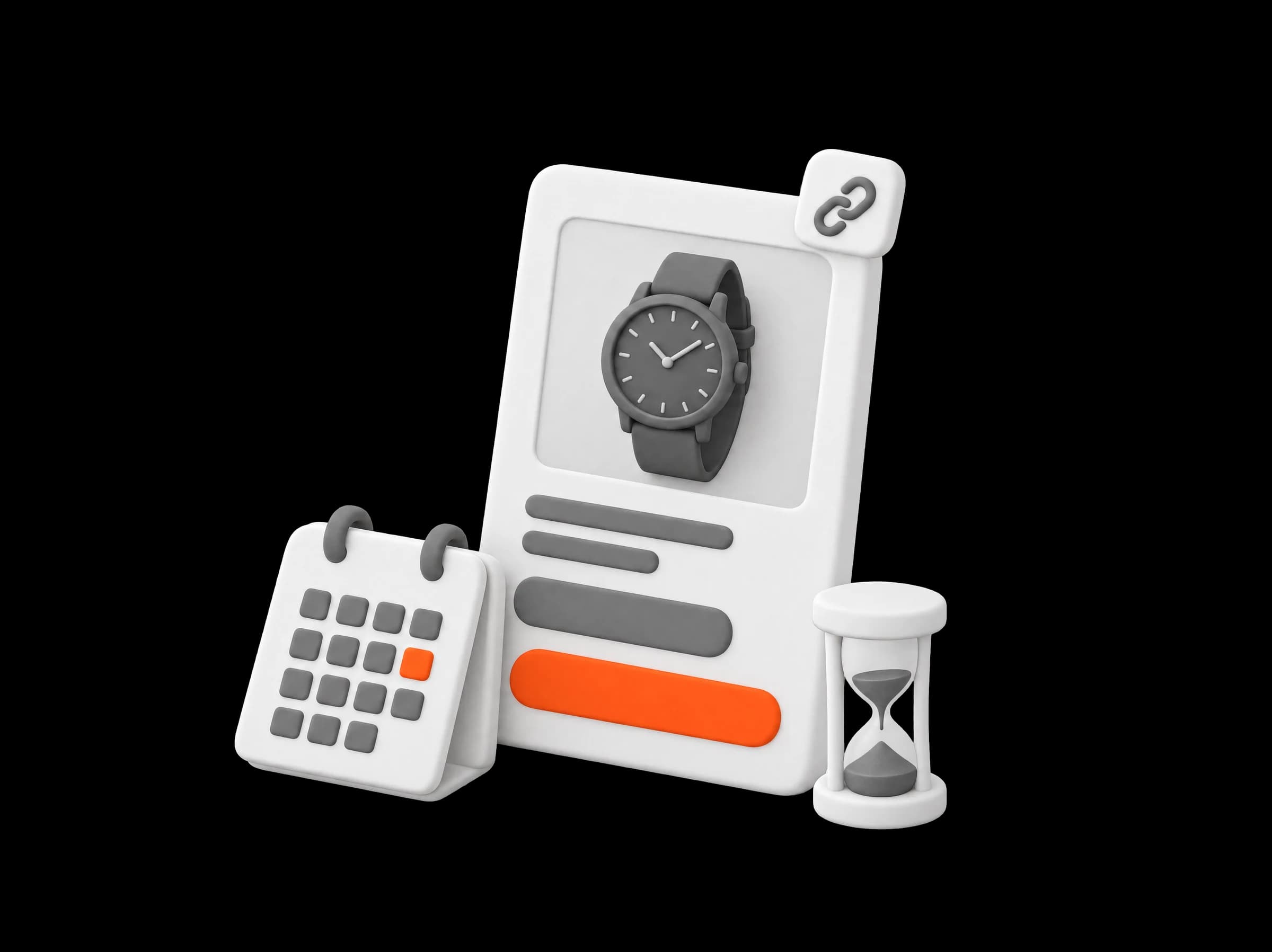 An offer card with a desk calendar, one day marked in orange, and a small hourglass beside it