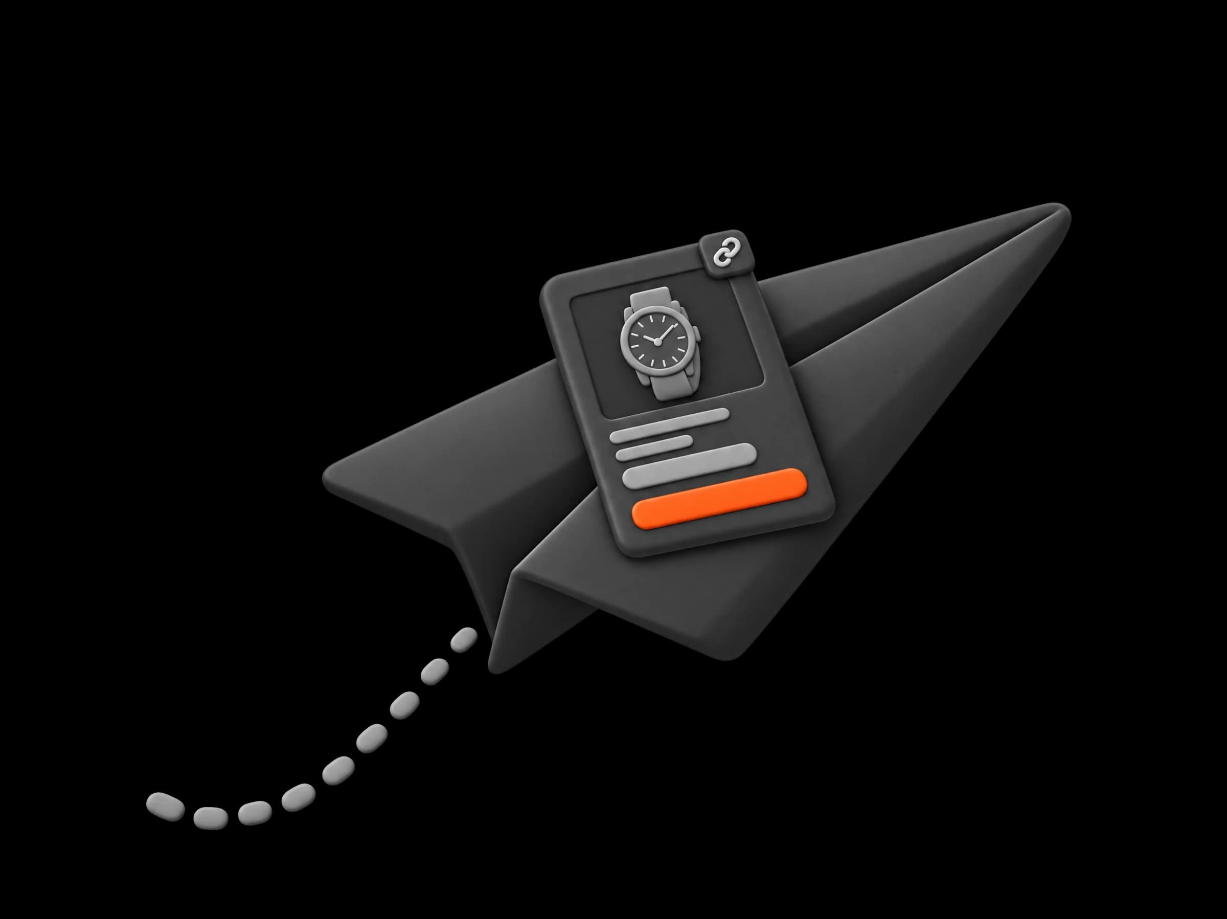 A paper plane carrying a small offer card, a dotted trail behind it