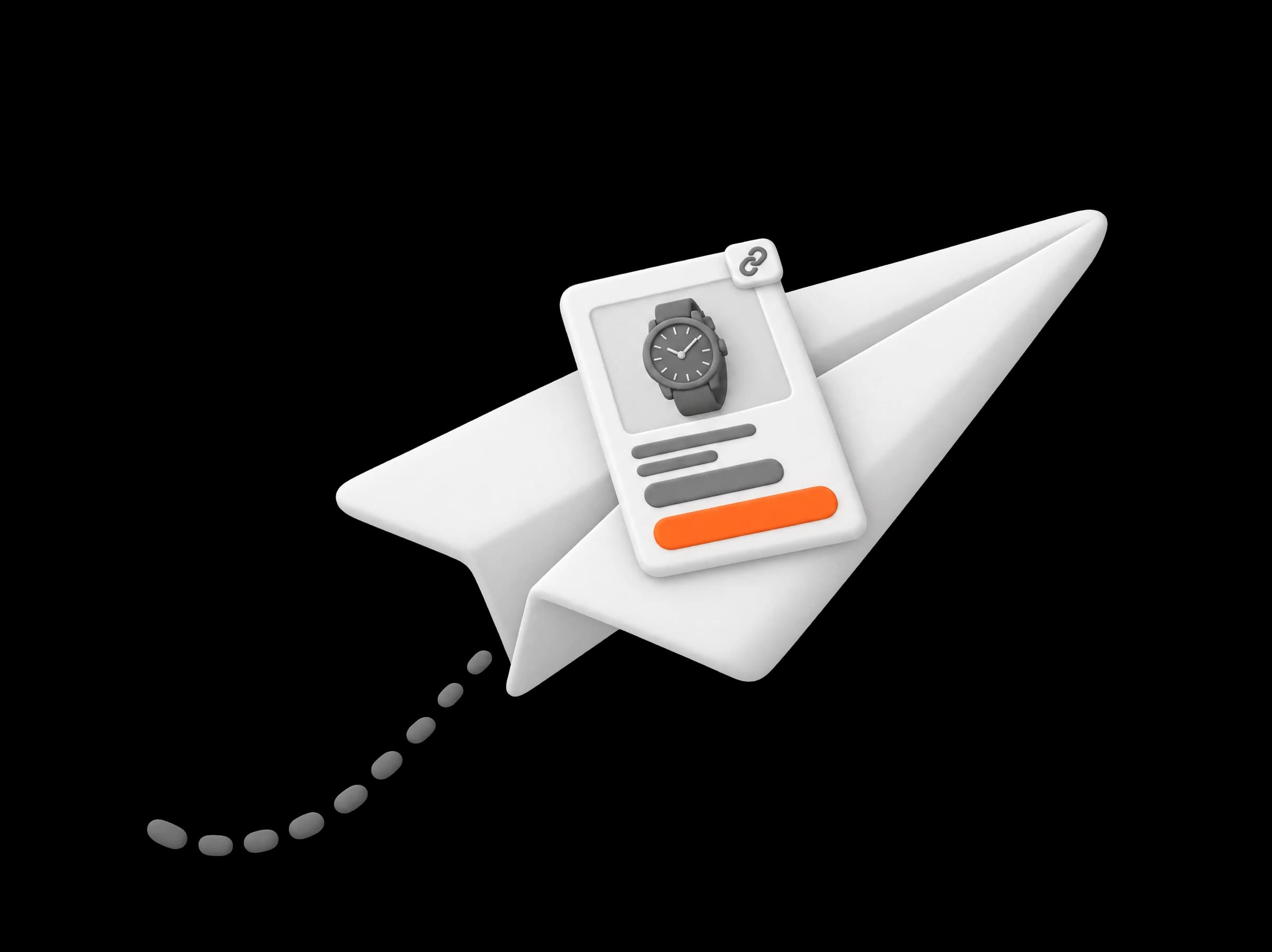 A paper plane carrying a small offer card, a dotted trail behind it