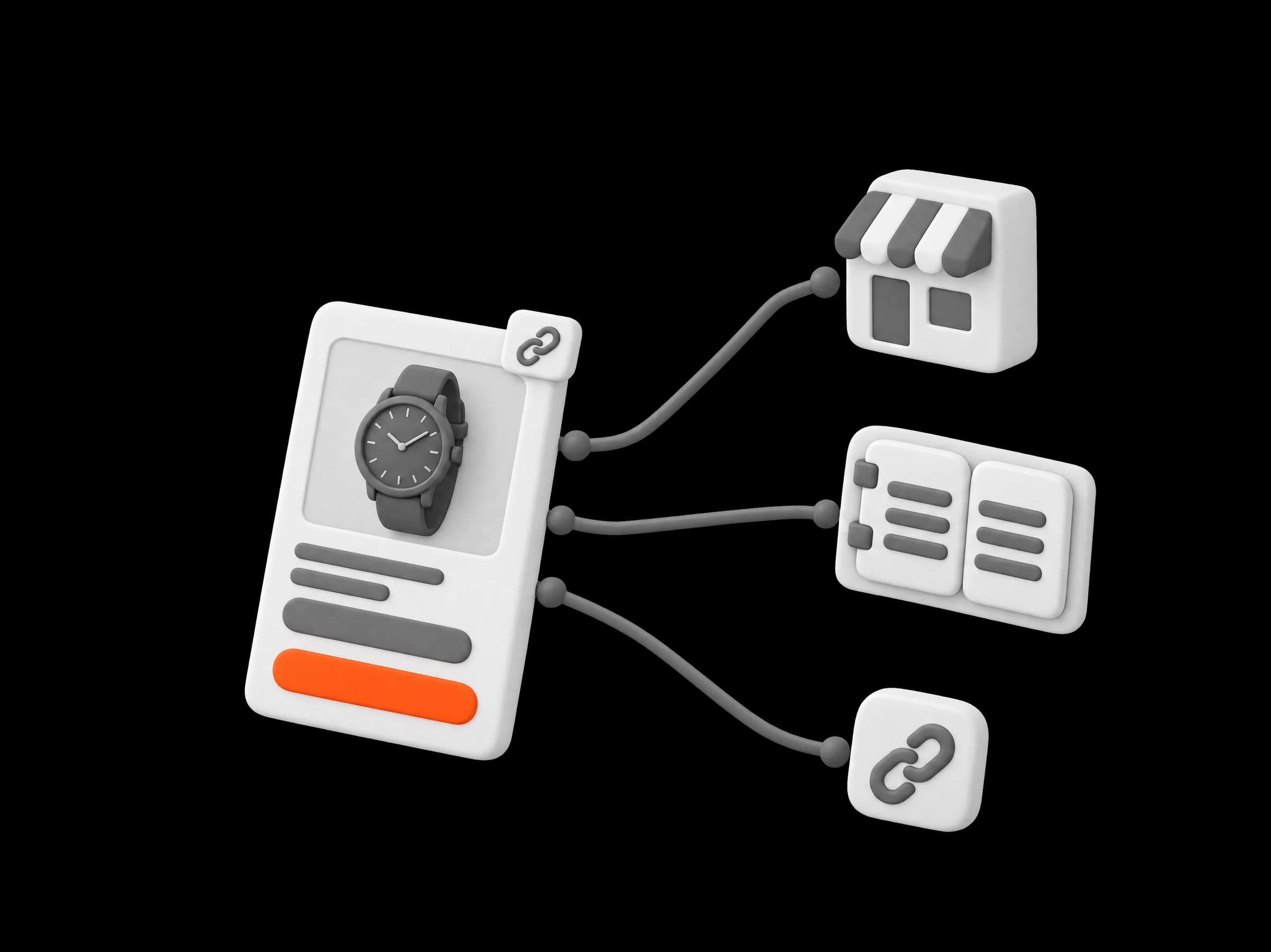 An offer card with three lines running out to a small shop front, an address book and a link token
