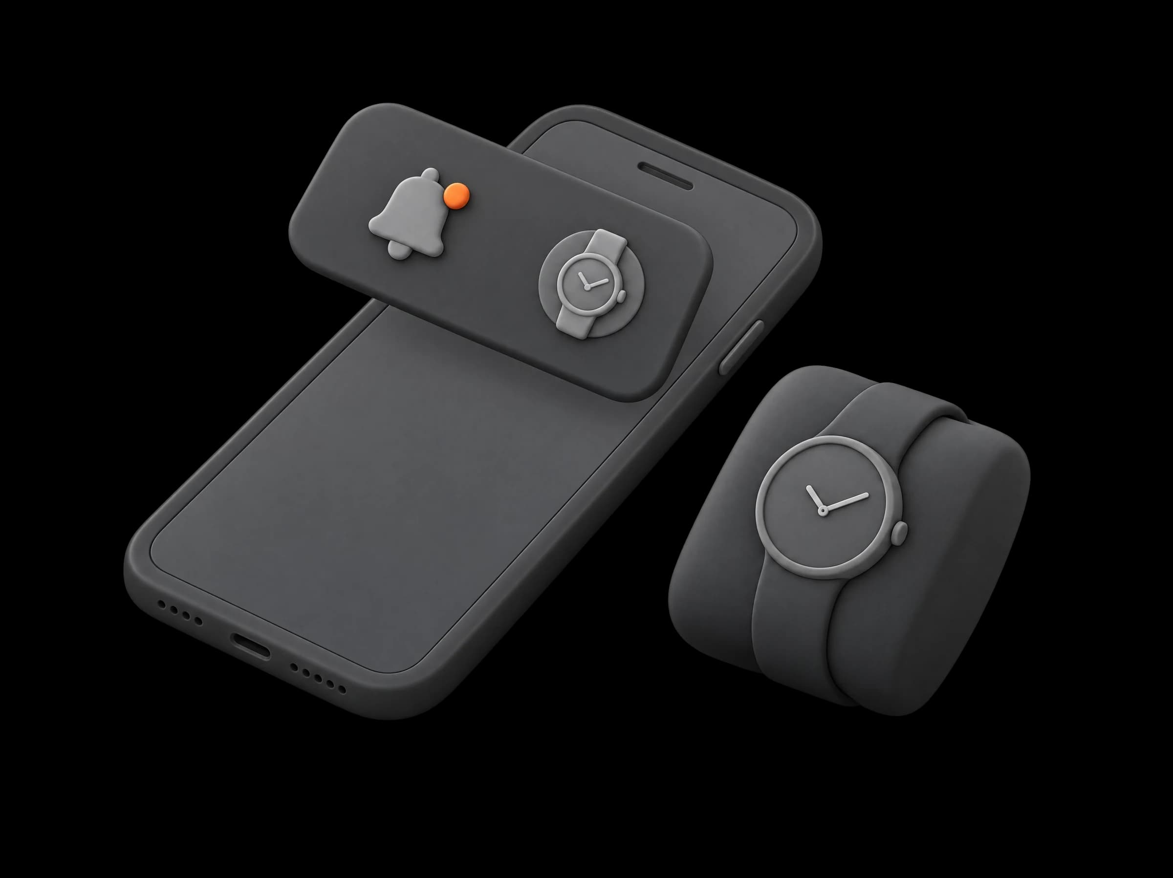 A white phone with an alert card rising above it, a bell with an orange dot and a watch on the card, a watch on a cushion beside it