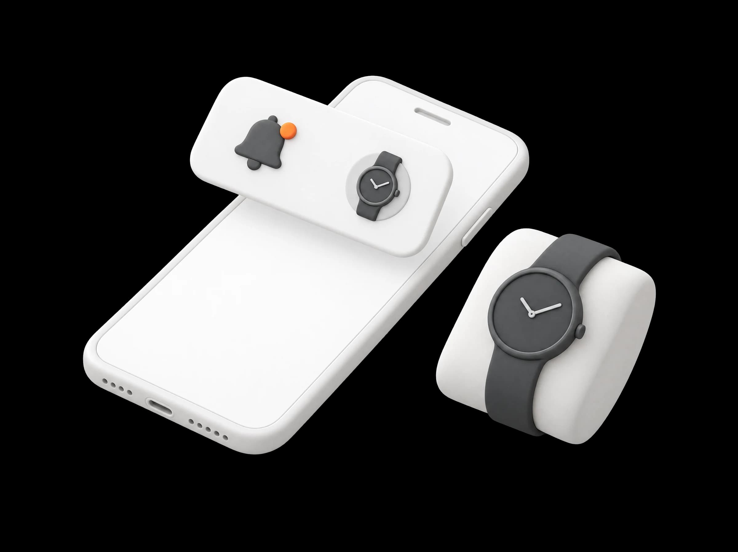 A white phone with an alert card rising above it, a bell with an orange dot and a watch on the card, a watch on a cushion beside it
