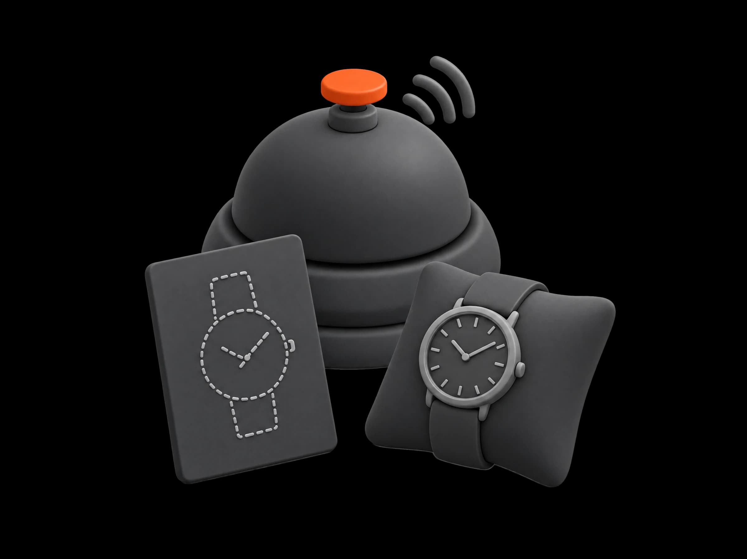 A white desk bell with an orange button ringing, a card with the outline of a watch and a watch on a cushion in front
