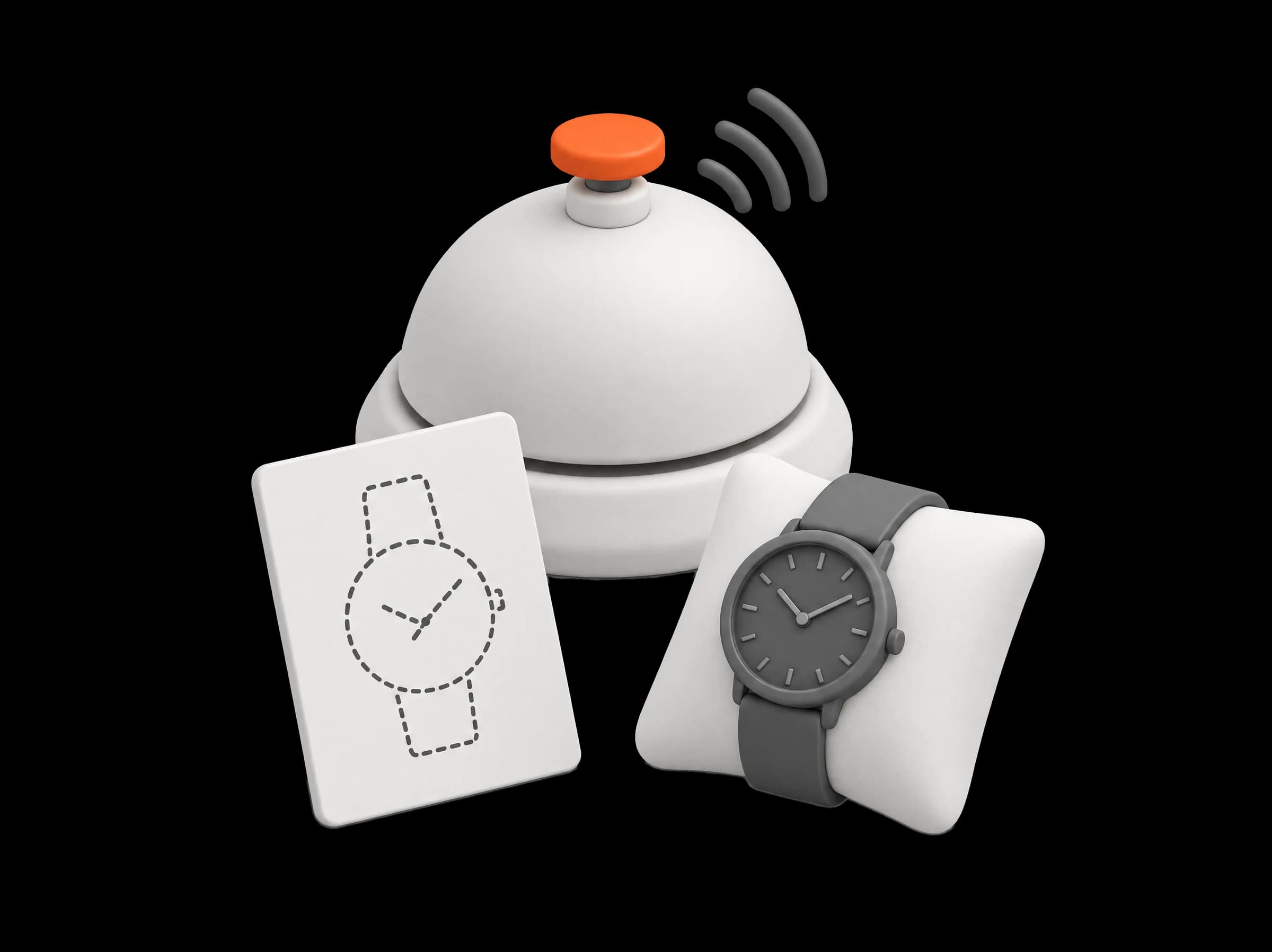 A white desk bell with an orange button ringing, a card with the outline of a watch and a watch on a cushion in front