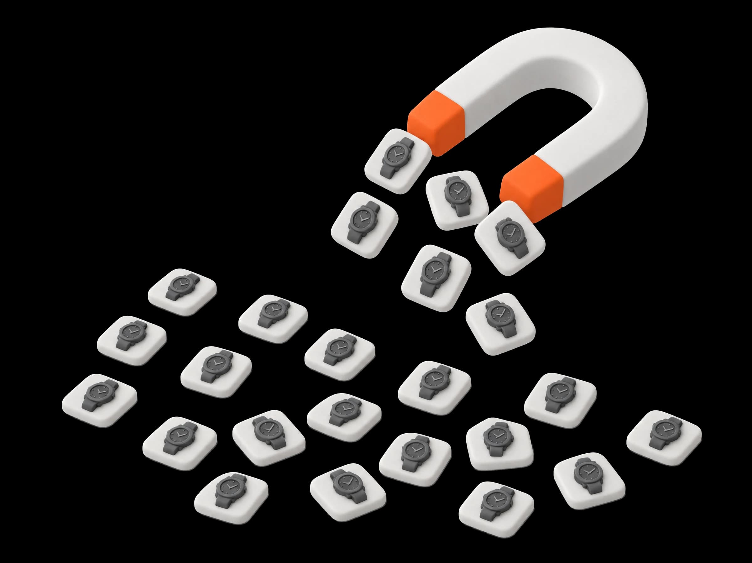 A white magnet with orange tips lifting a few watches out of a large field of watches